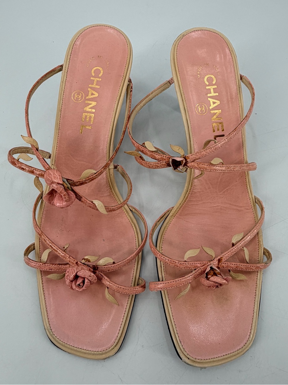 Vintage Y2K Chanel 2001 Rare Strappy Pink Dainty Rosebud Rose Sandals 38.5 FLAWS - Picture 5 of 10